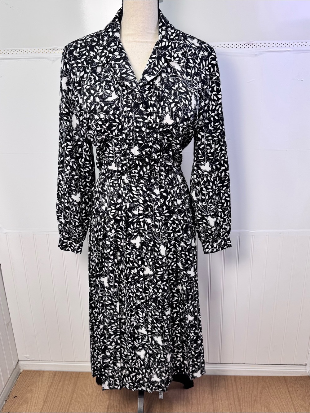 Vintage Leslie Fay Butterfly Floral Midi Dress Shoulder Pads Belted 14P